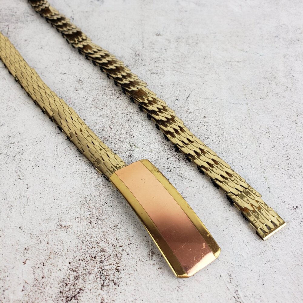 Vintage Art Deco Gold Metallic Belt Skinny Fish Scale Elastic 80's Glam Disco - Picture 3 of 8
